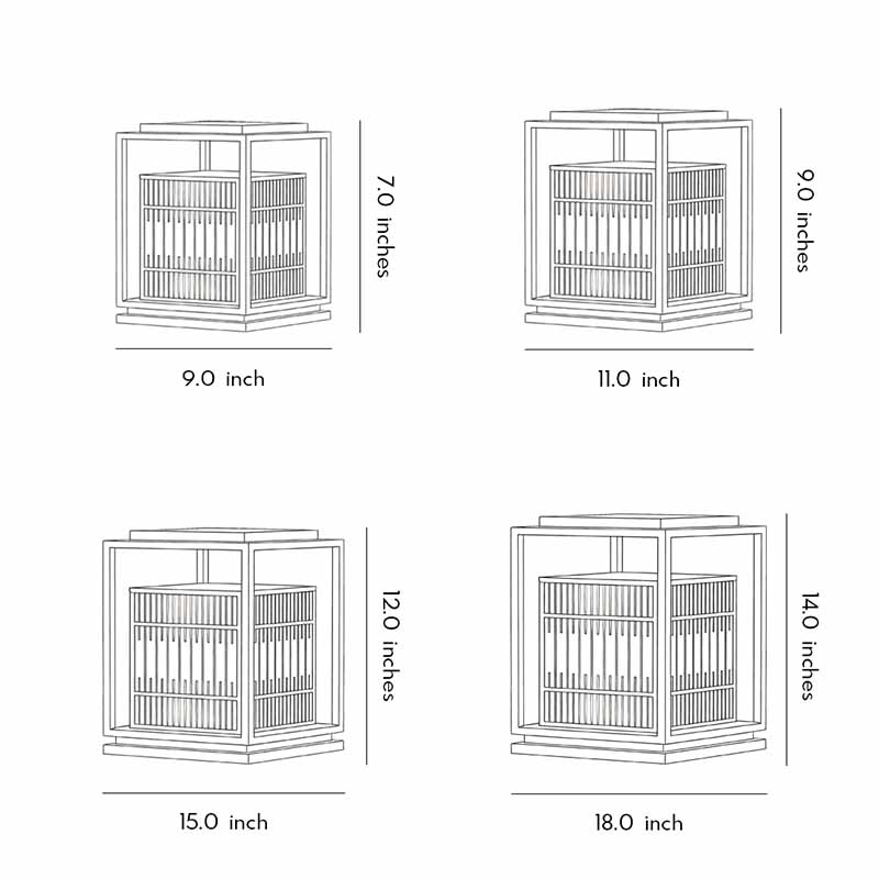 Technical diagram showing dimensions and structure of bollard path lights models.