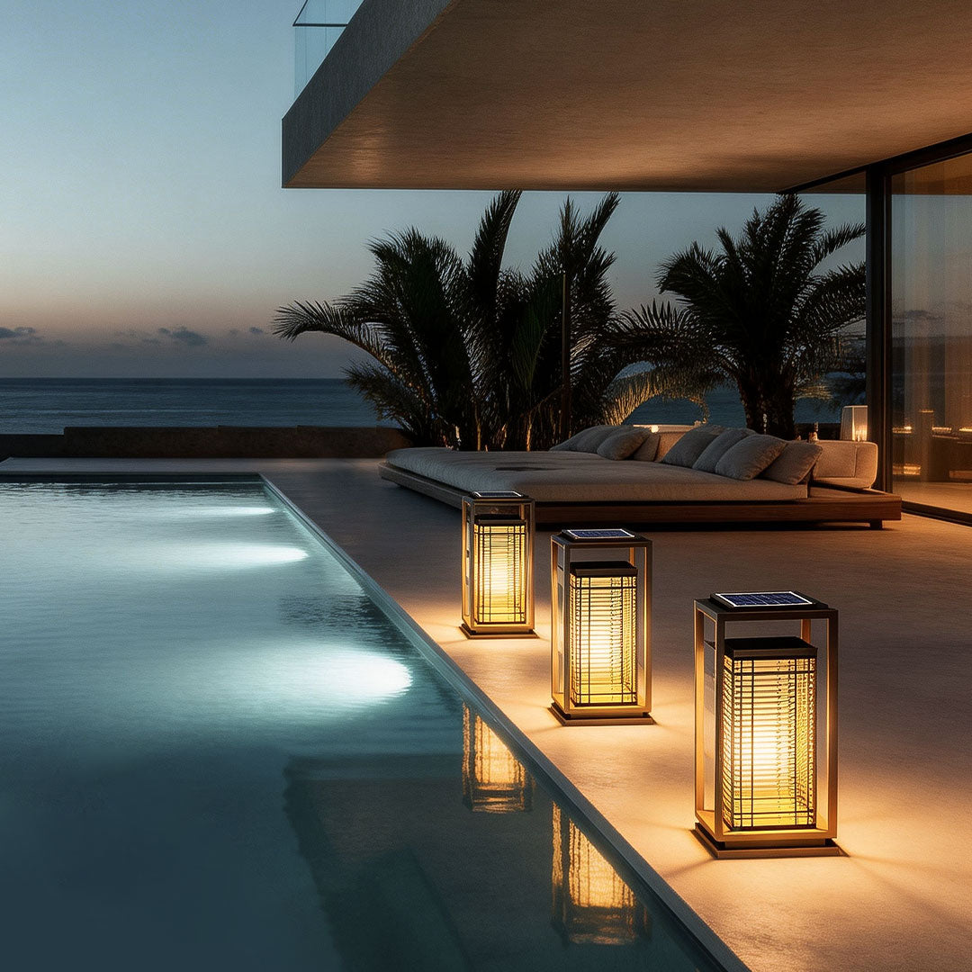 Bollard pathway lighting with a contemporary design, enhancing a poolside walkway.