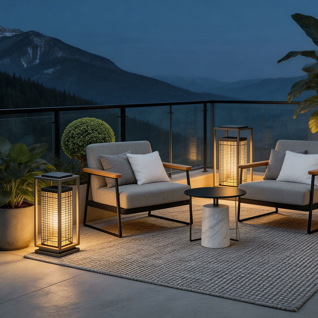 Bollard pathway lighting with a sleek design, lighting up a balcony with mountain views.