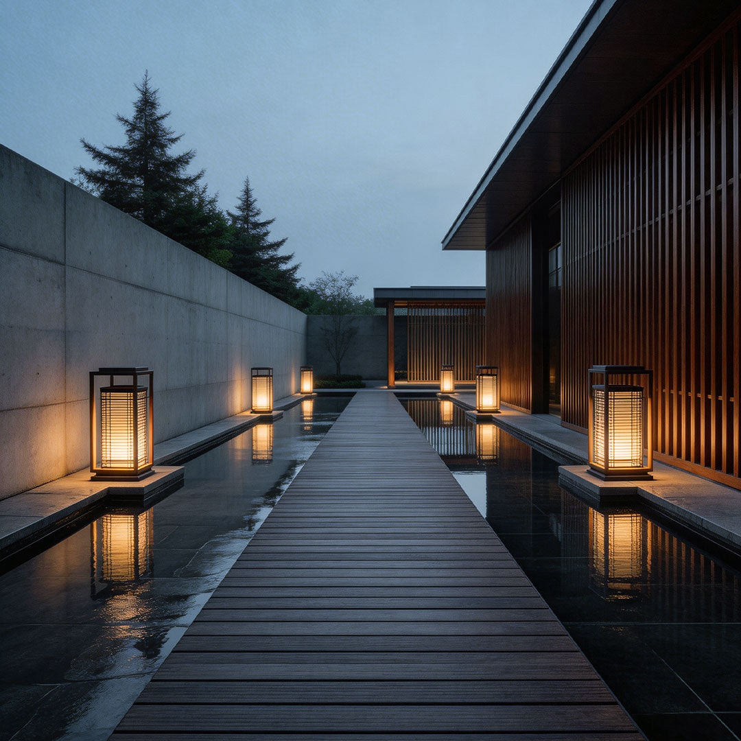 Bollard pathway lighting with a warm glow, illuminating a garden pathway at dusk.