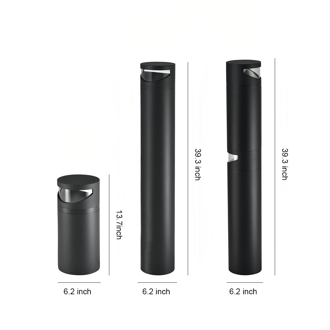 Bollard pathway lights in three sizes showing cylindrical black metal design with illuminated top sections