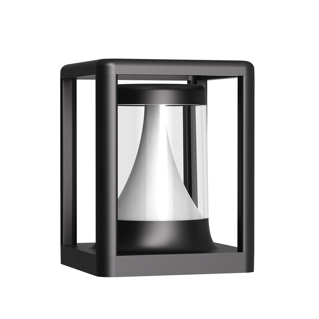 Technical drawings showing dimensional specifications for various bollard and post light fixture designs