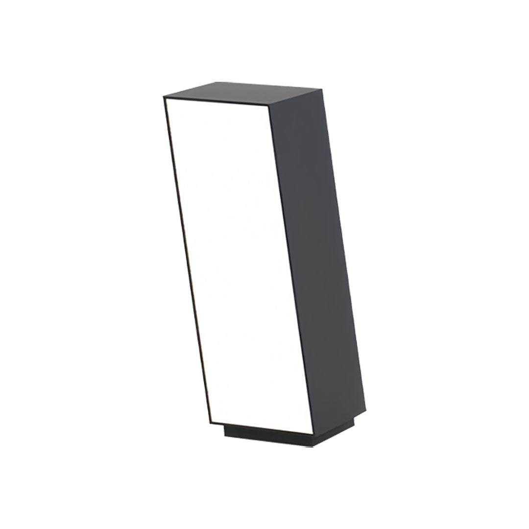 Minimalist white bollards with lighting with a soft glow, designed in a tall rectangular form.