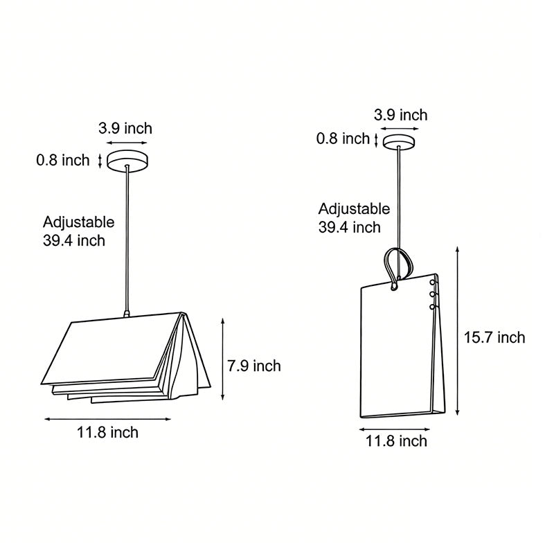 Technical size diagram of book pendant light, displaying dimensions and adjustable hanging length details.
