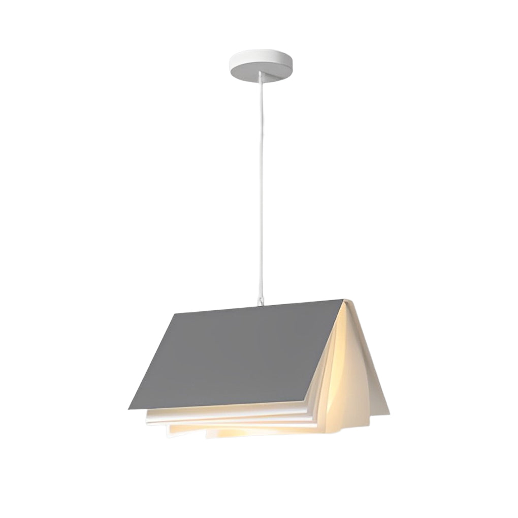 Single book pendant light isolated on white background, emphasizing its folded book silhouette and modern style.