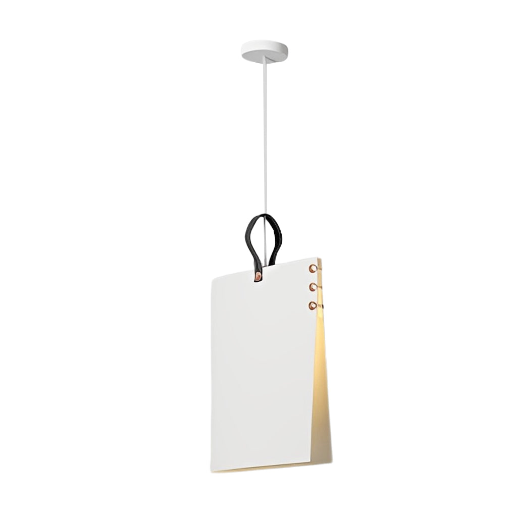 White vertical book pendant light with folded panels, combining modern art-inspired form and functional lighting.
