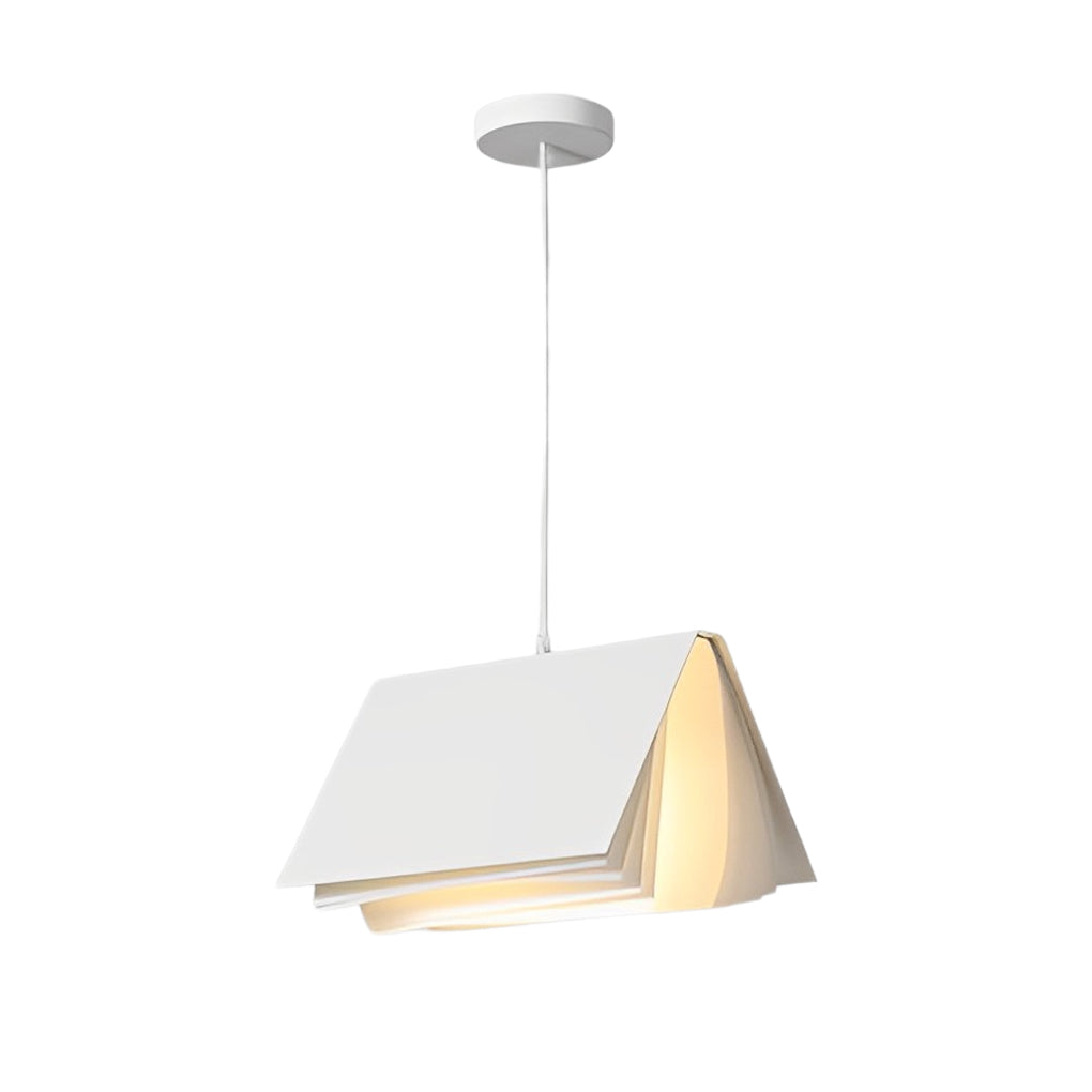 White book pendant light suspended alone, showcasing minimalist folded form and soft ambient illumination.