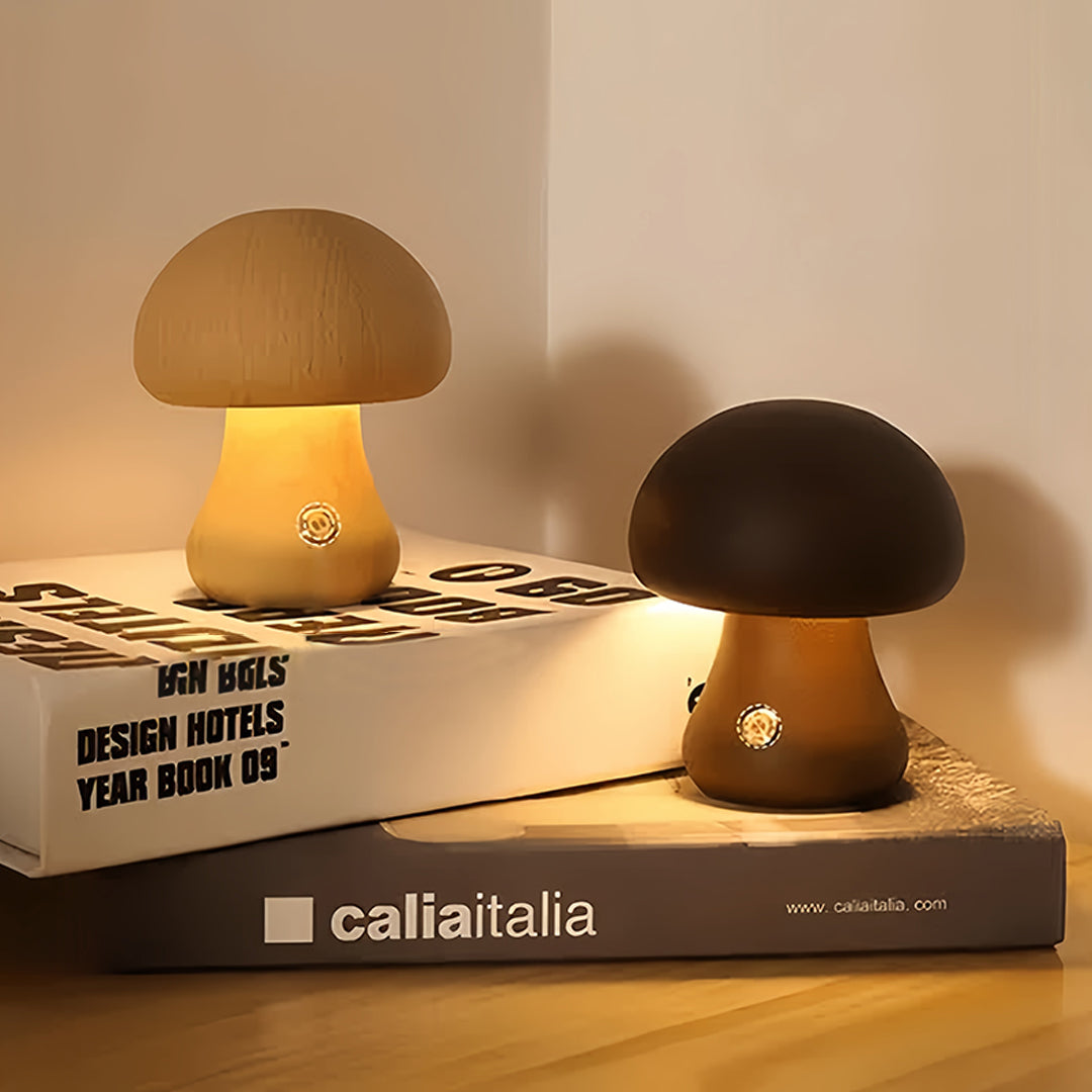 Mushroom table lamps on bookshelf with vintage books creating warm study environment