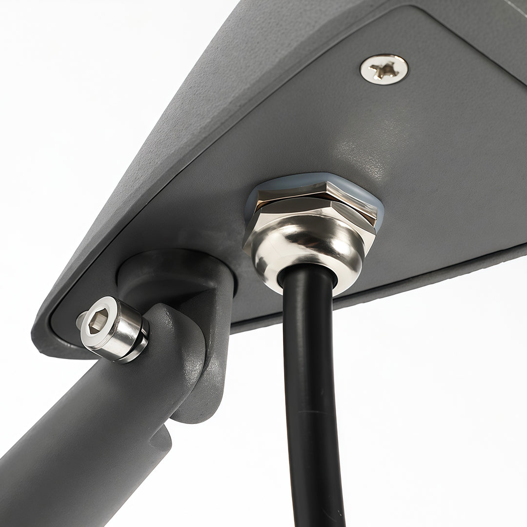 Bottom wiring connection of decorative wall wash light showing waterproof cable gland.