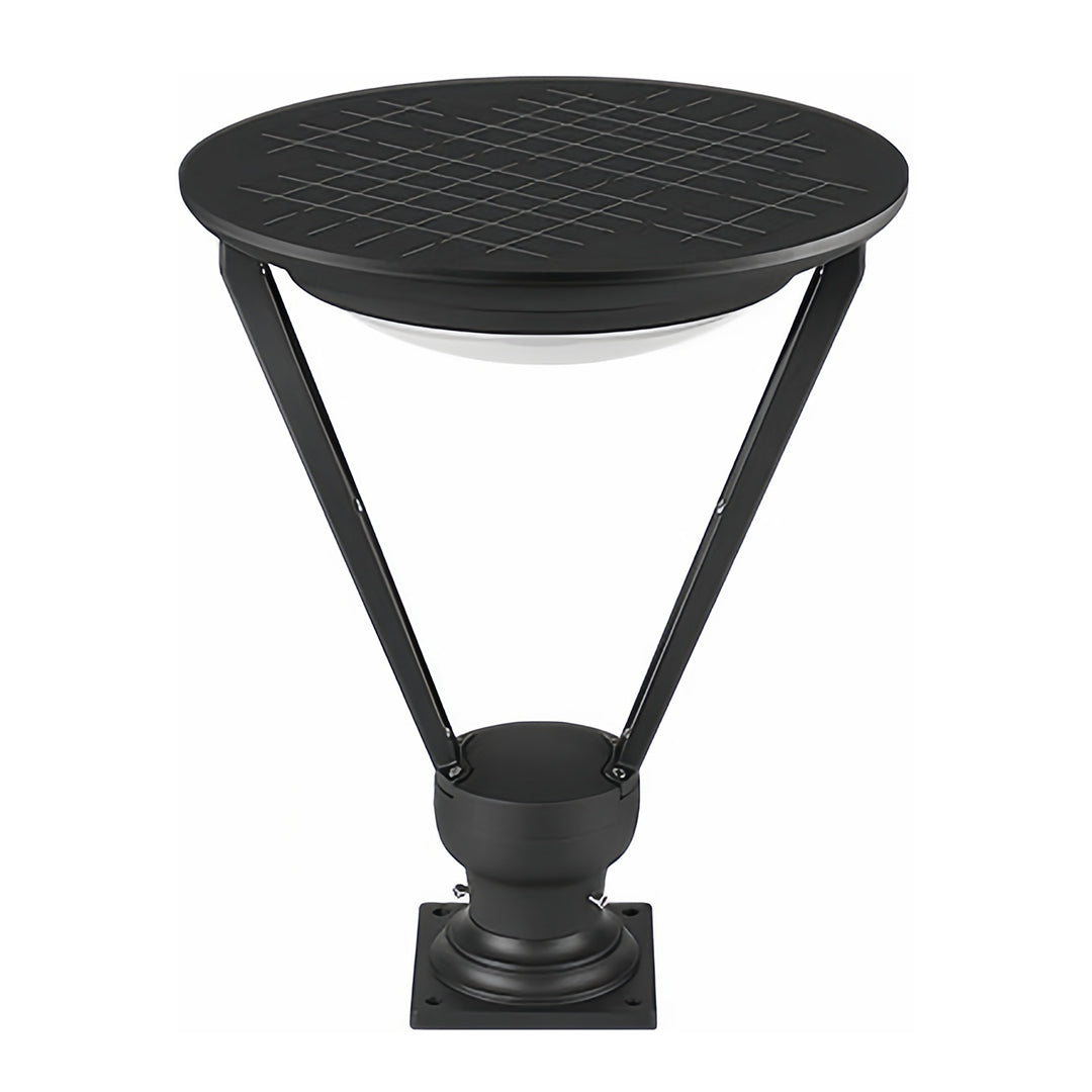 Bottom perspective view of the durable external pillar lights base and integrated black solar panel top.
