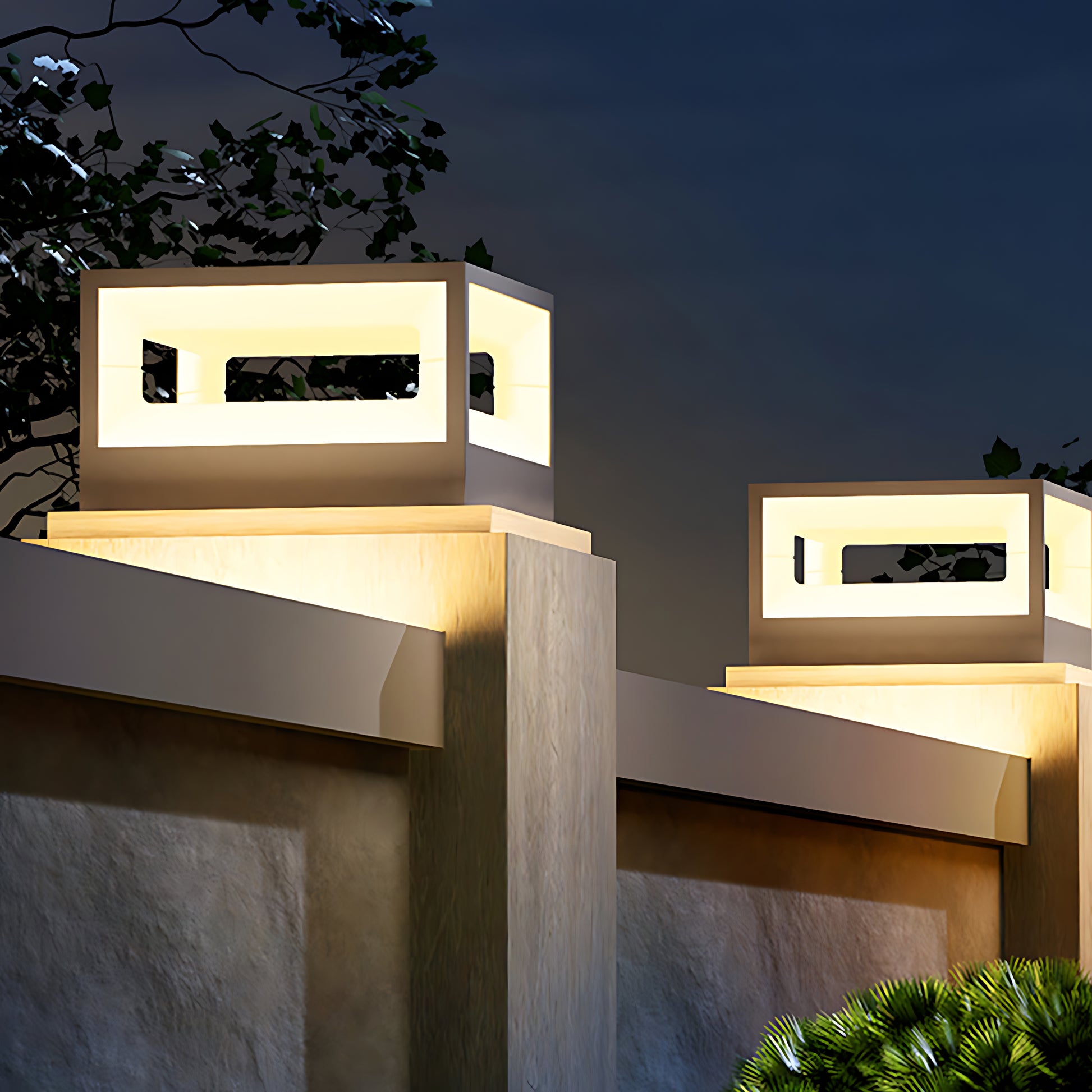 Modern box-style outdoor lighting fixtures arranged vertically on contemporary building facade creating architectural accent