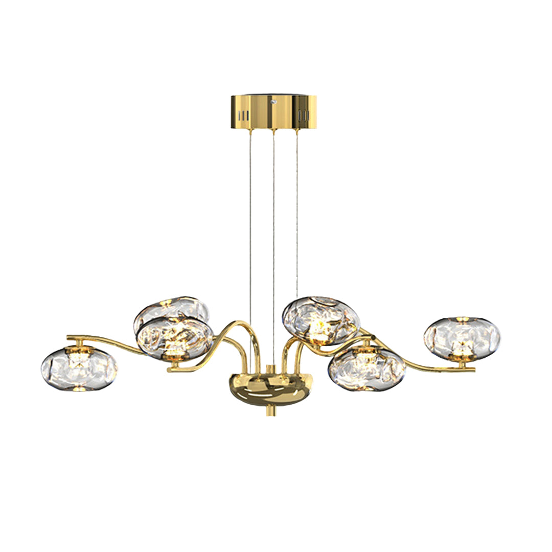 Contemporary modern LED chandelier with brass accents and faceted glass bulbs in elegant horizontal arrangement