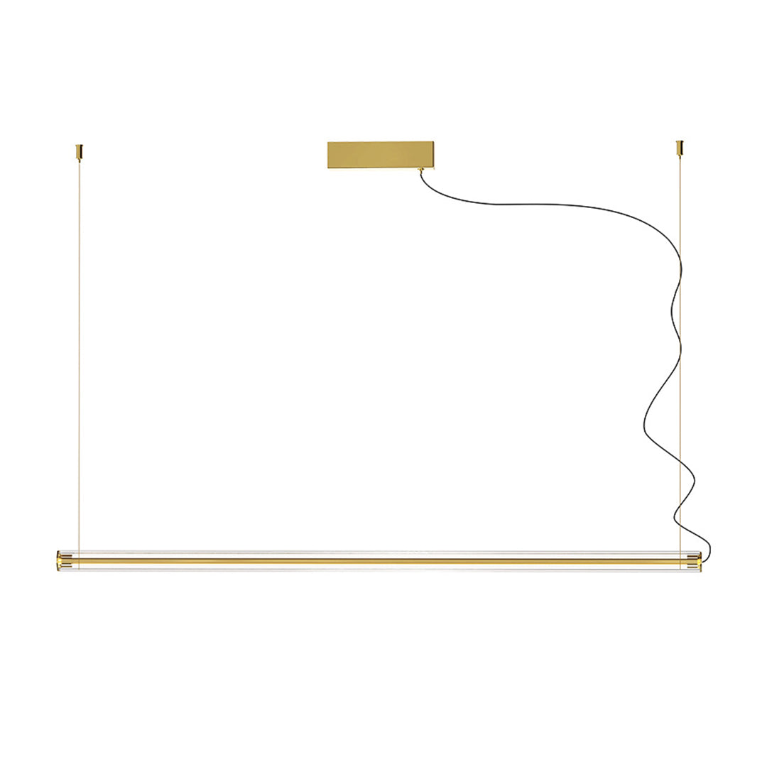 Contemporary linear pendant light with warm brass accents illuminating minimalist kitchen space