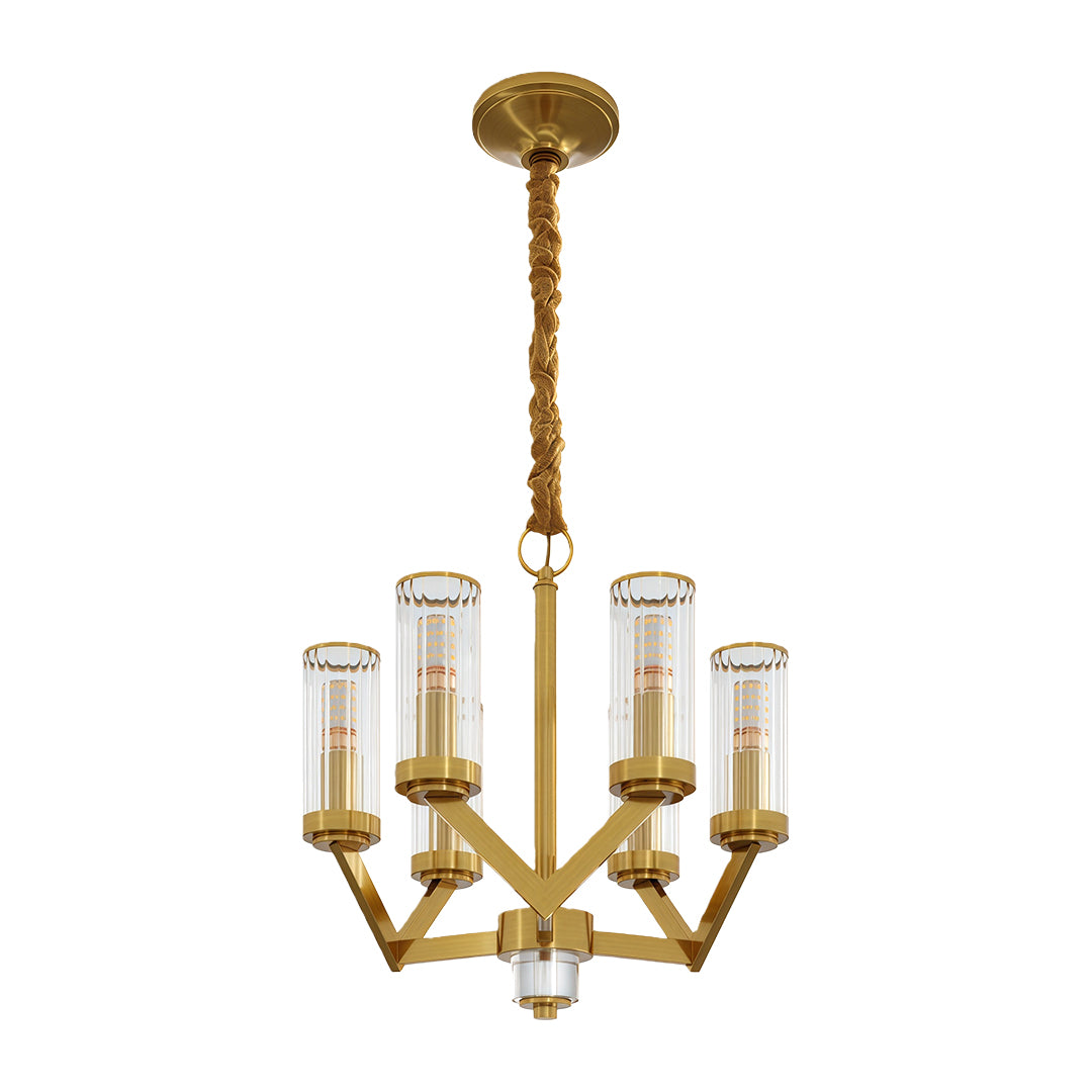 Modern luxury chandeliers with brass arms and cylindrical clear glass drop shades