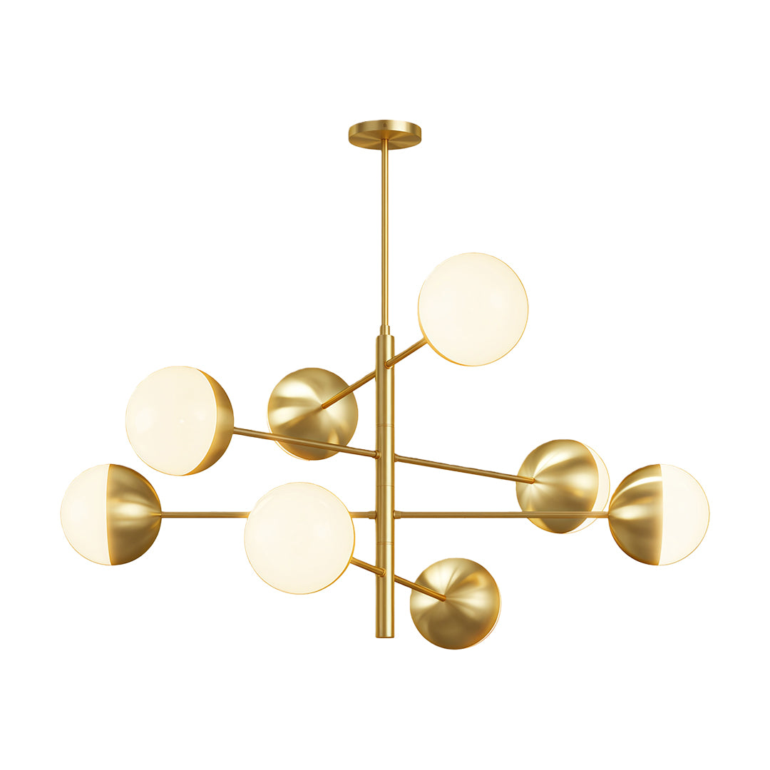Modern luxury chandeliers with brass arms and white glass globe shades in geometric arrangement