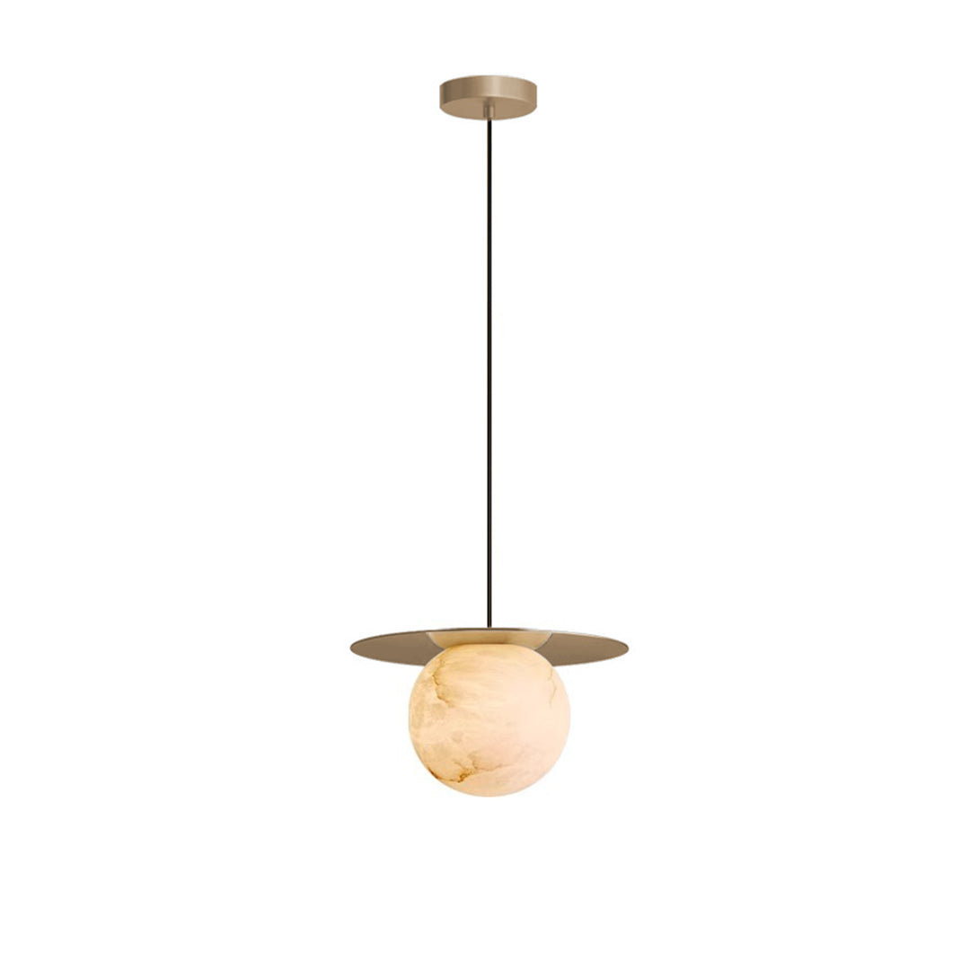 Single brass ball pendant light with a white marble sphere, showcasing a minimalist and elegant design.