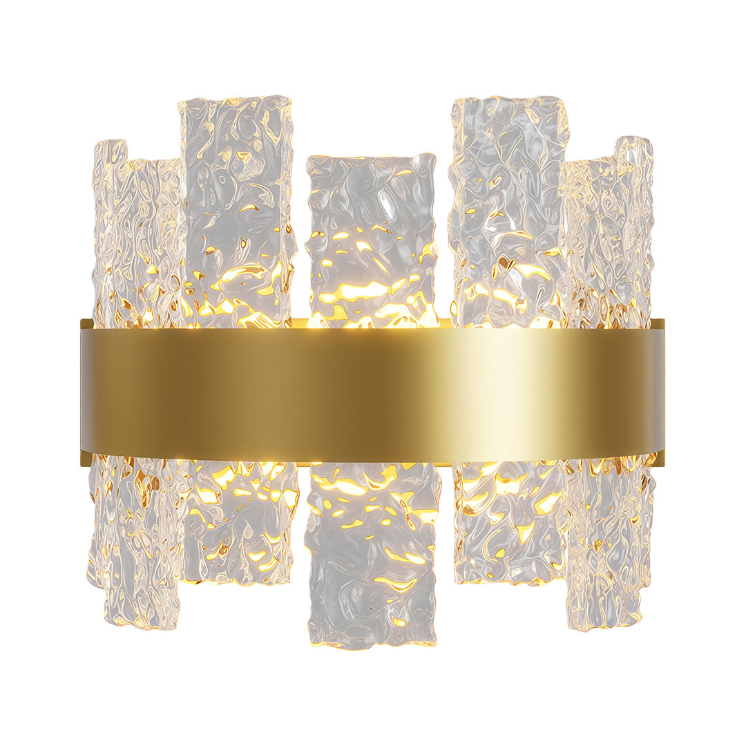 Modern luxury chandeliers with brass band and textured crystal glass panel arrangement