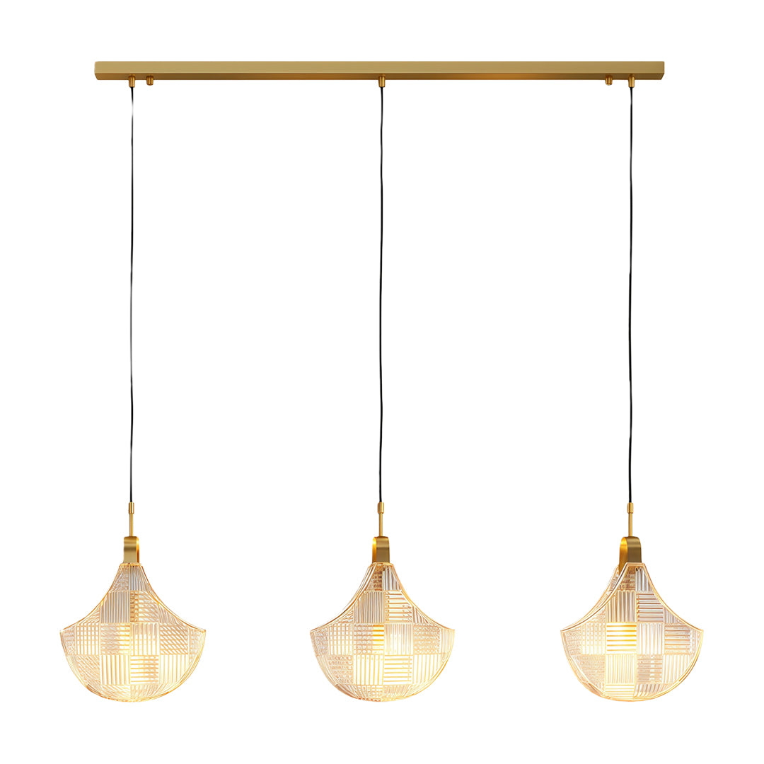 Modern luxury shell chandelier light with brass bar and three hanging shell glass pendants.