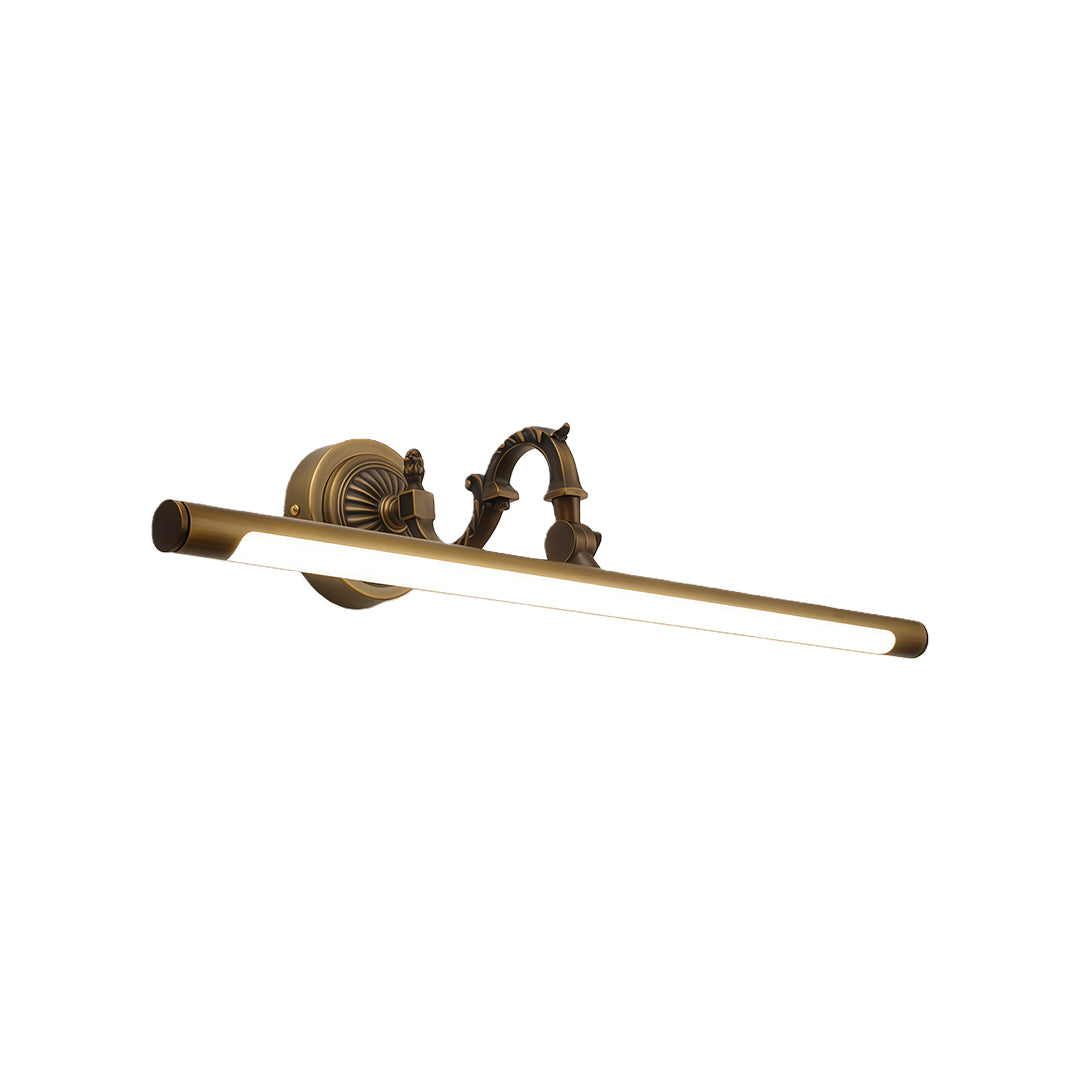 Brass bathroom LED vanity light with adjustable arm and linear LED strip on white background.