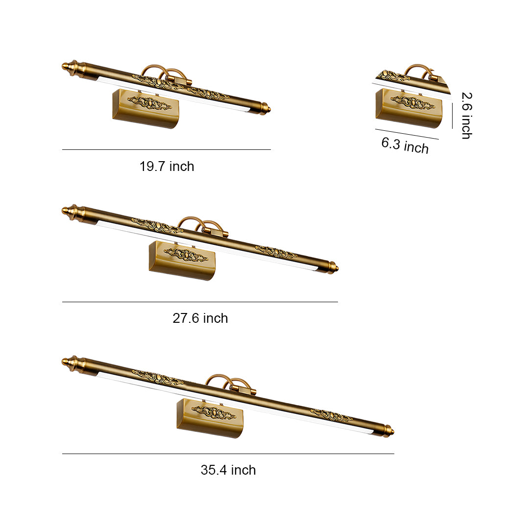 Size comparison chart showing three brass bathroom vanity light fixtures in different lengths
