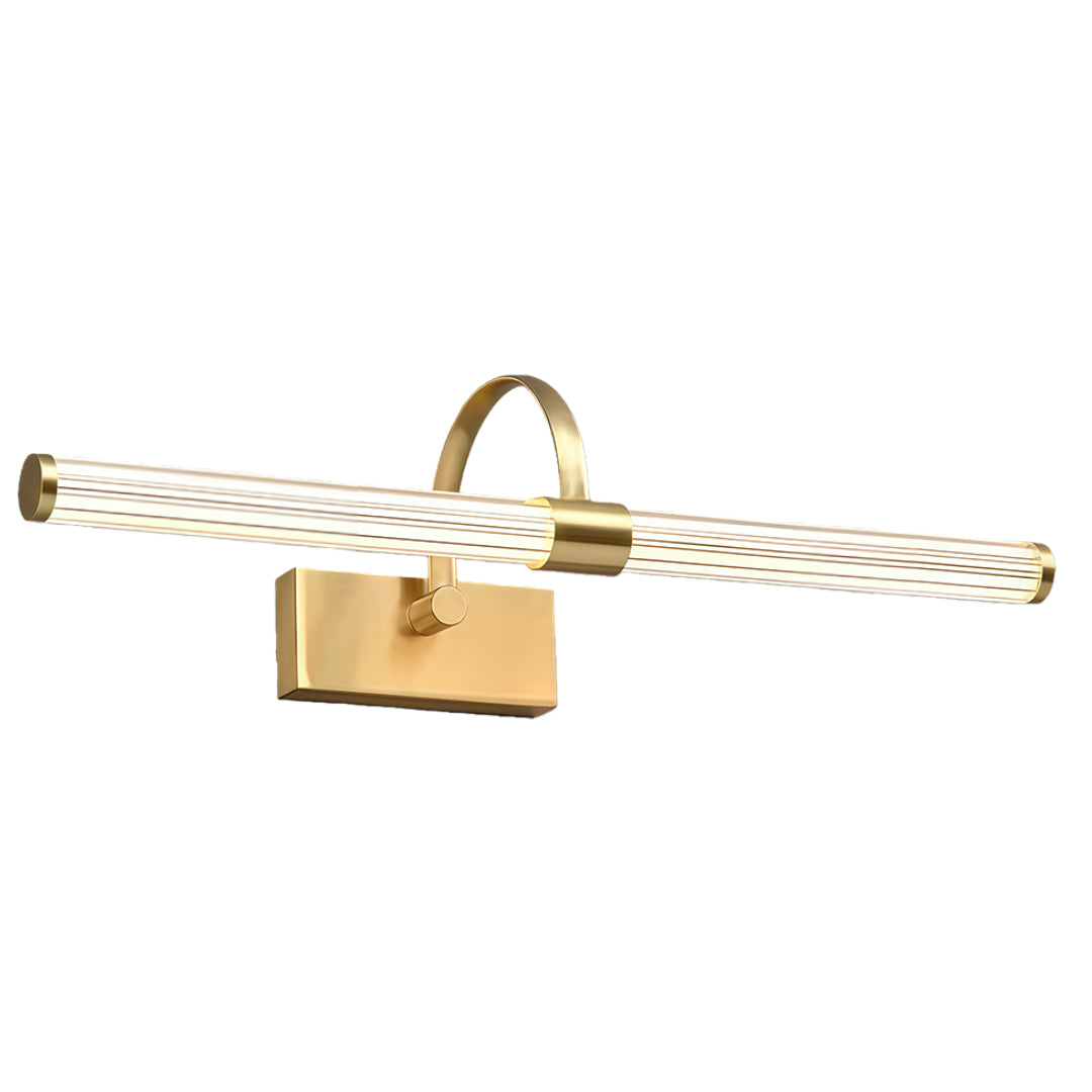 Brass bathroom vanity wall light featuring polished finish, articulated arm, and integrated LED bar.