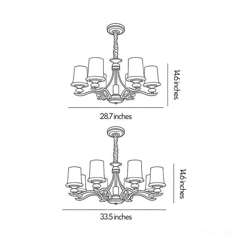 Brass candle chandelier dimensions drawing showing fixture width, height, and size options.