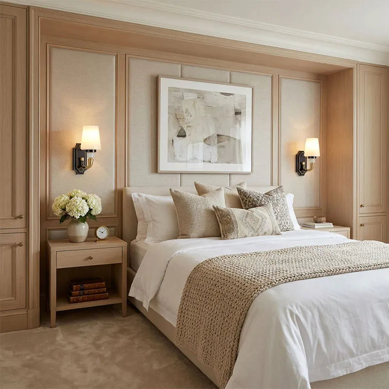 Brass candle sconces wall installed in a modern bedroom with elegant black and gold finishes.