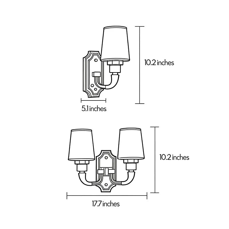 Brass candle sconces wall dimension drawing showing fixture height and width measurements.