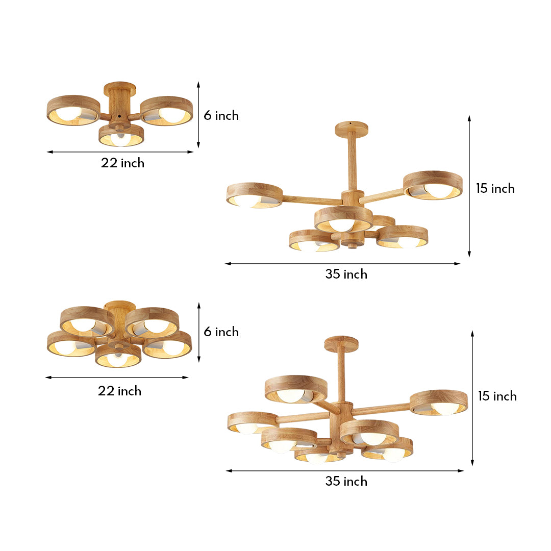 Technical specifications diagram for brass glass shade chandelier with multi-arm design