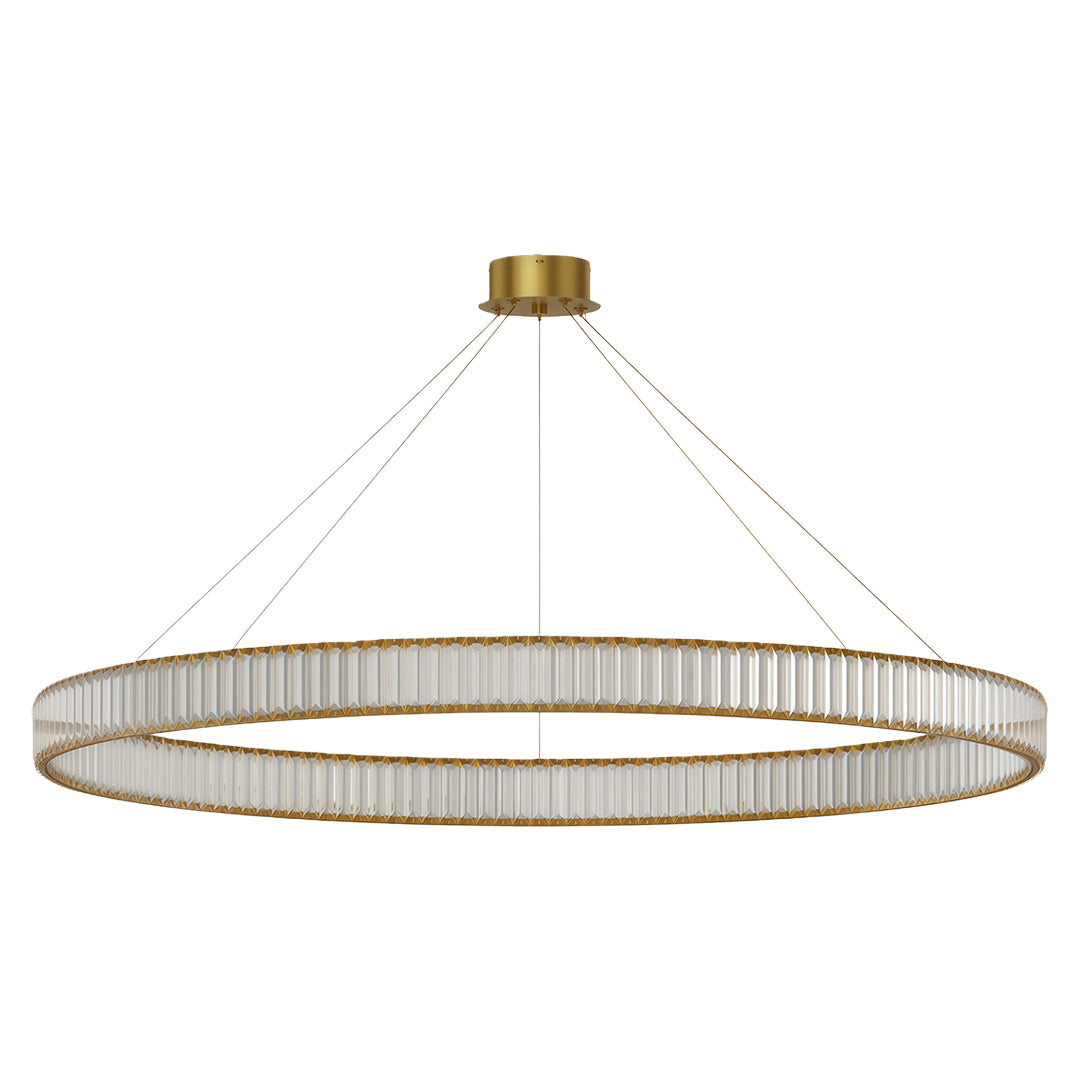 Modern luxury chandeliers featuring brass circular frame with vertical crystal rod arrangement