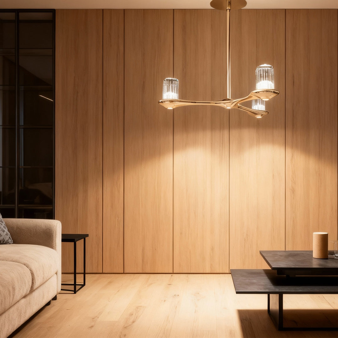 Brass crystal chandelier installed in modern bedroom with wood paneling creating elegant ambient lighting overhead