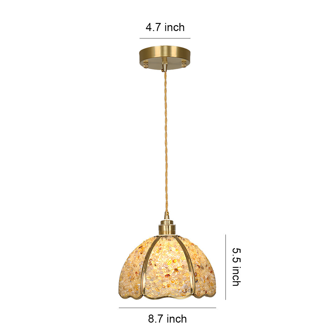 Small crystal pendant light with brass finish and textured glass shade for elegant dining lighting