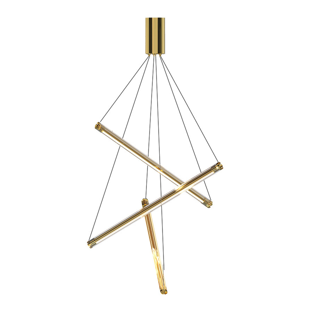 Elegant LED linear chandelier with warm brass details illuminating modern kitchen island
