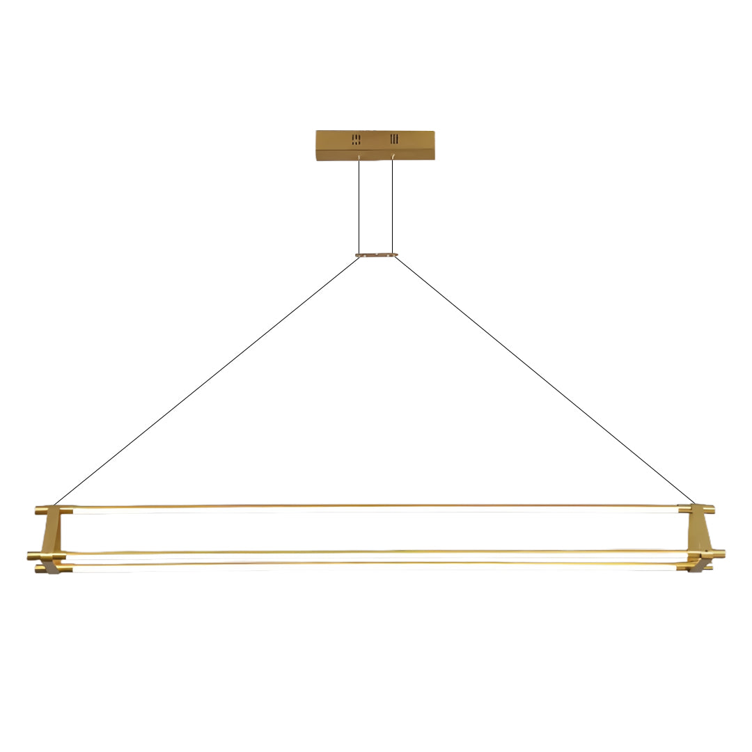 Contemporary linear pendant lights with warm brass accents perfect for dining room illumination
