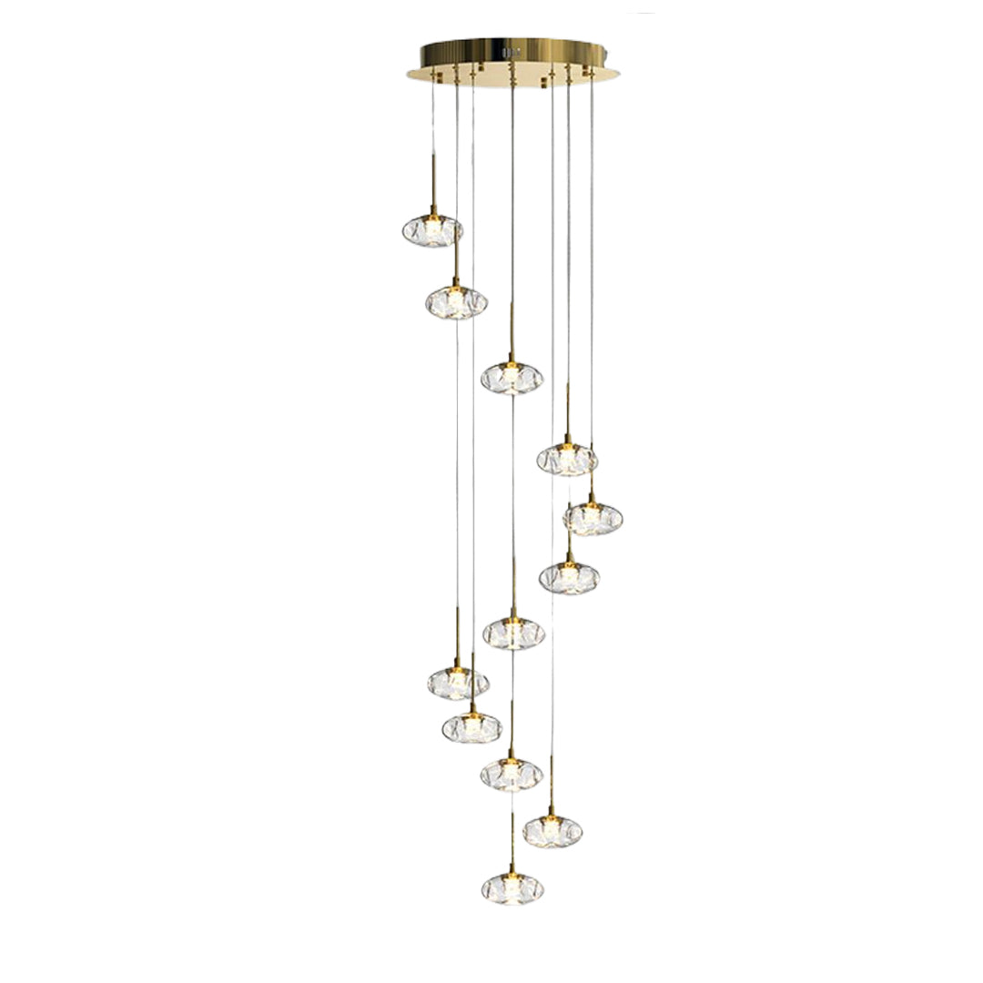 Elegant chandelier for tall ceilings with brass finish showcasing cascading glass globe pendants against neutral background