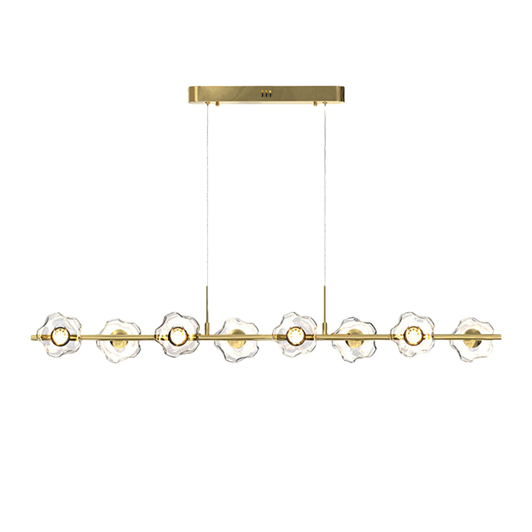 Contemporary linear pendant chandelier with brass finish showcasing row of glass globe bulbs in elegant arrangement