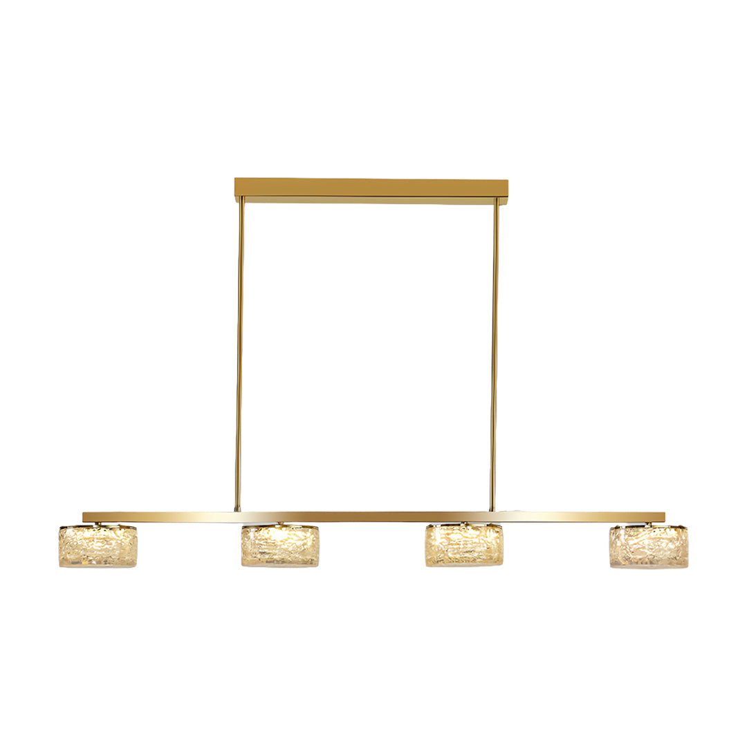 Five-light LED linear pendant light with brass finish and crystal accents for luxury dining lighting