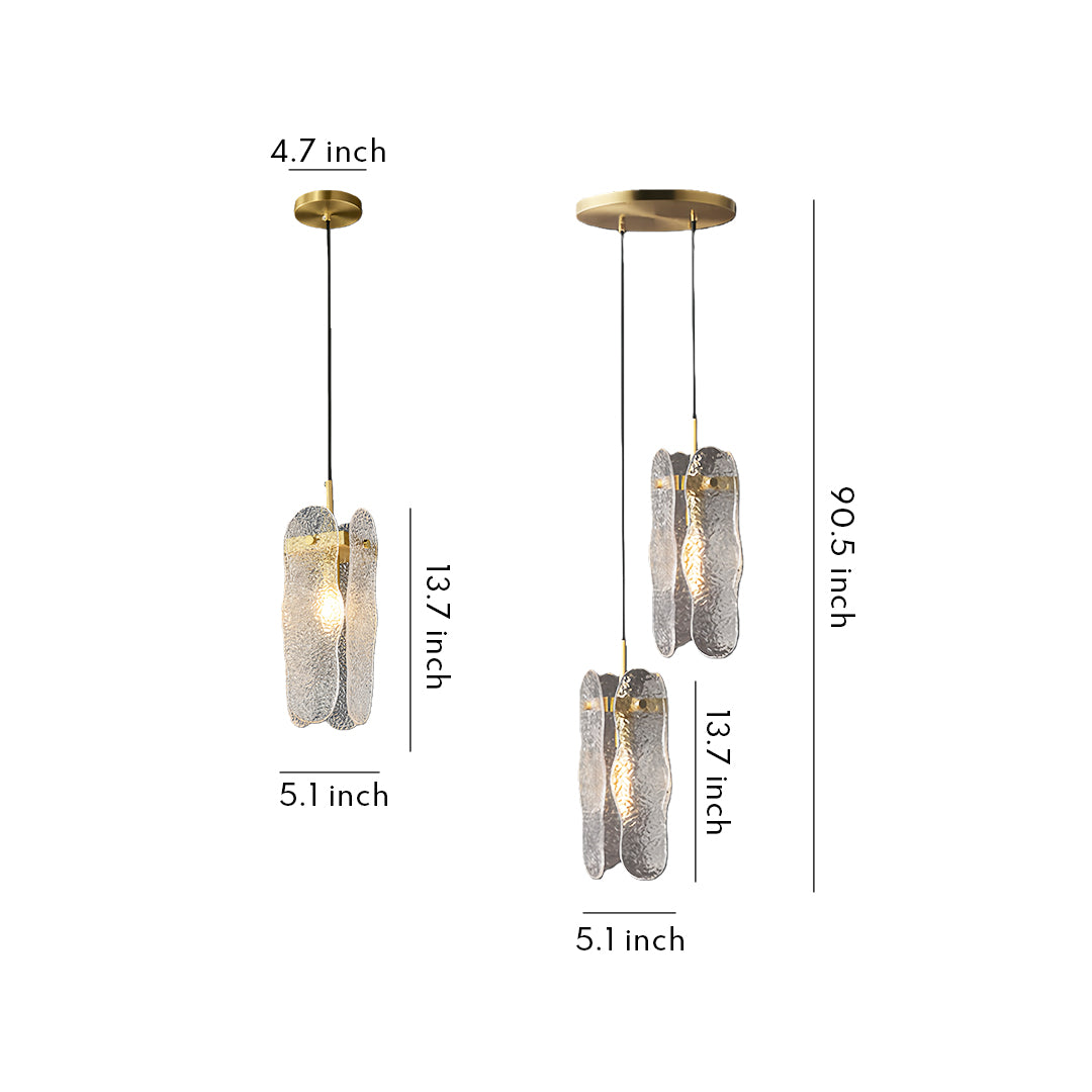 Brass glass pendant light collection showing three different configurations with textured glass cylinders and dimension measurements.