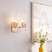 Modern luxury chandeliers inspired brass glass wall light illuminating minimalist white hallway