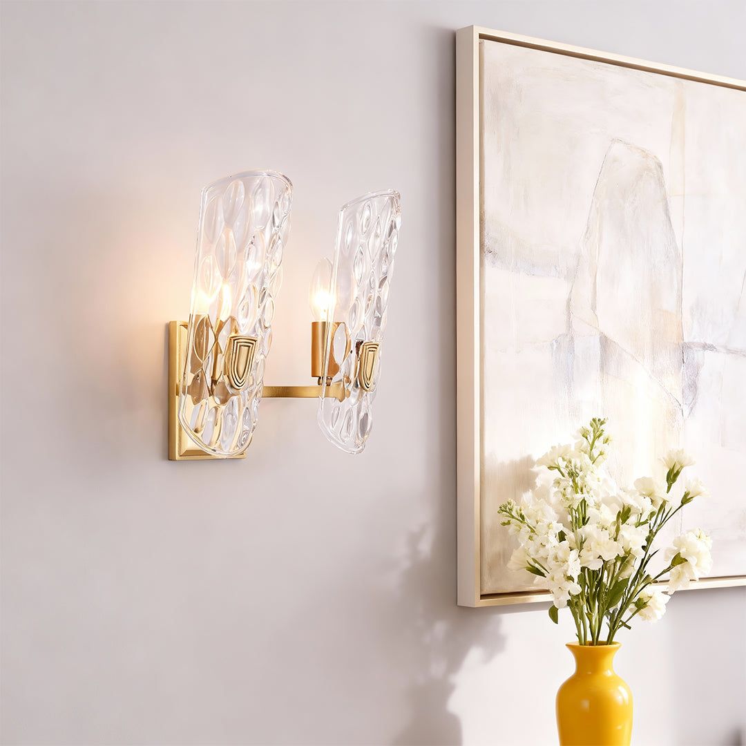 Modern luxury chandeliers inspired brass glass wall light illuminating minimalist white hallway