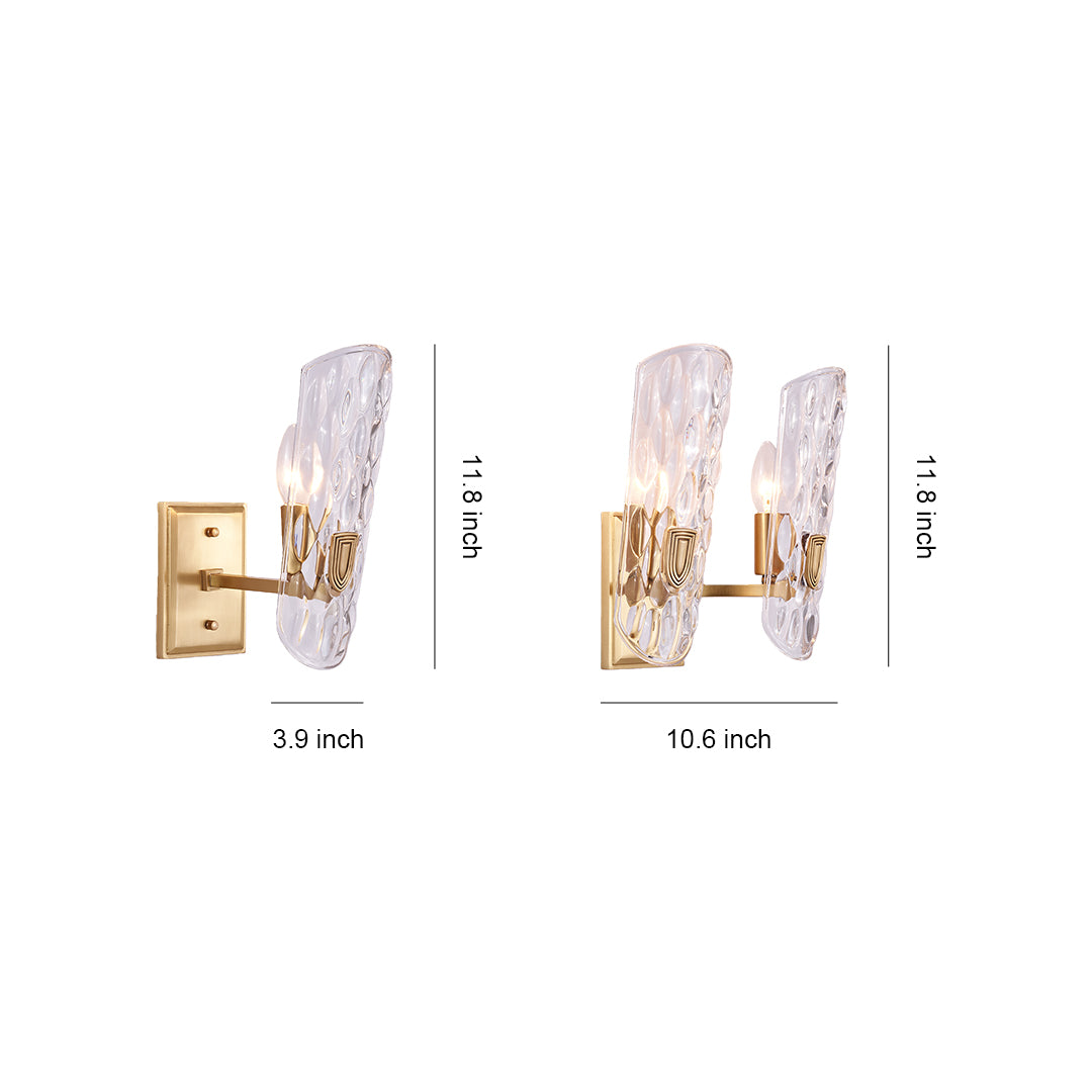 Brass glass wall light specification diagram showing two size options with dimensions