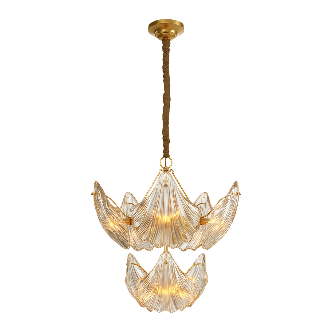 Modern luxury chandeliers with brass finish and leaf-shaped textured glass arrangement