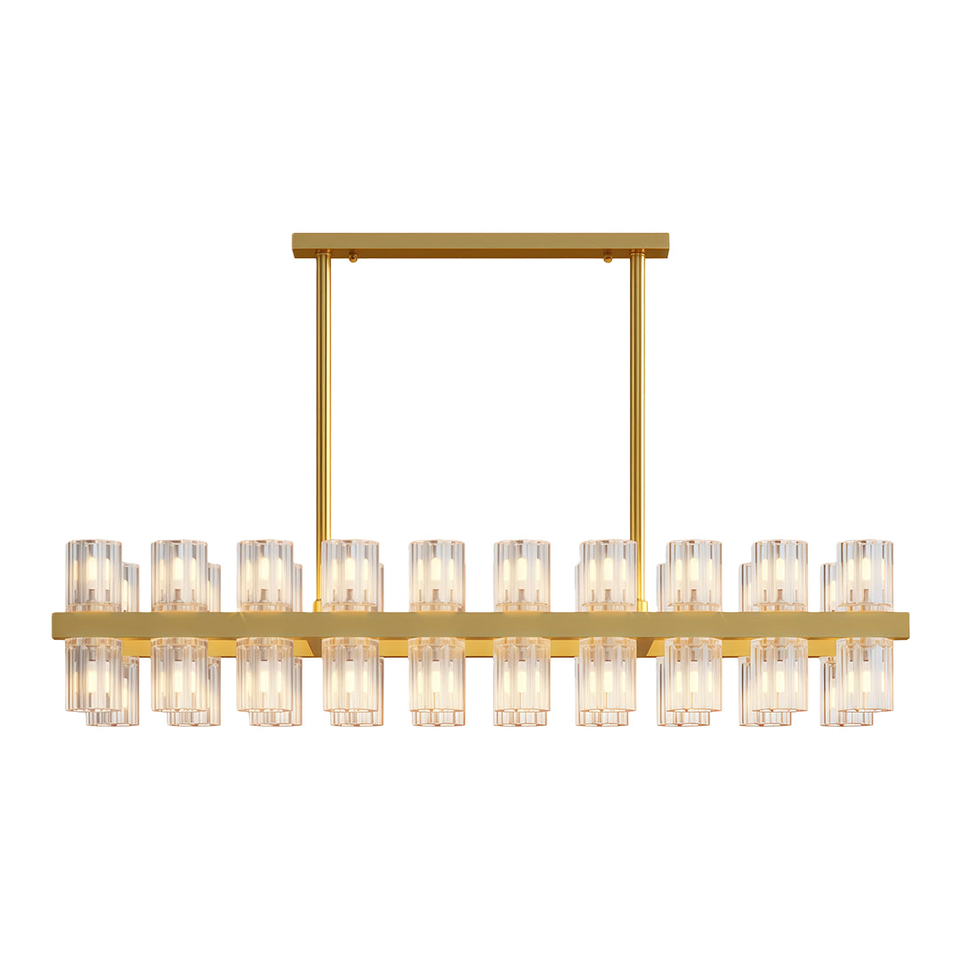 Luxury crystal chandeliers with brass linear frame and evenly spaced glass elements.