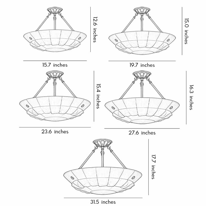 Brass modern chandelier technical drawing displaying fixture dimensions and mounting specifications.