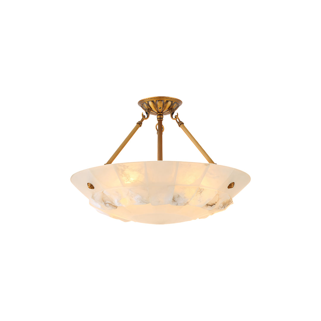 Brass modern chandelier with a round alabaster-style bowl shade and elegant brass suspension structure.