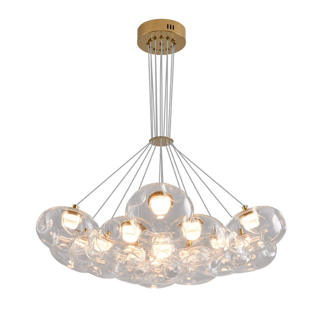Premium multi light chandelier with brass ceiling mount and clustered glass bulbs against neutral background