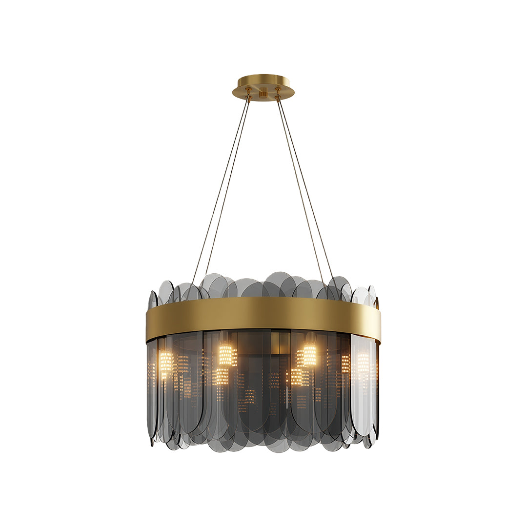 Modern luxury chandeliers with brass scalloped frame and smoked glass cylinder shades