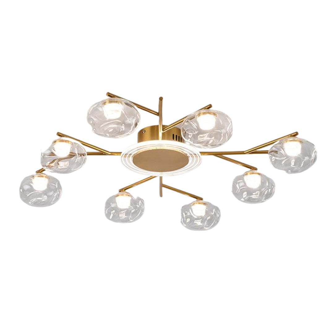 Brass large semi flush mount lighting with elegant branching design and warm glass globe illumination