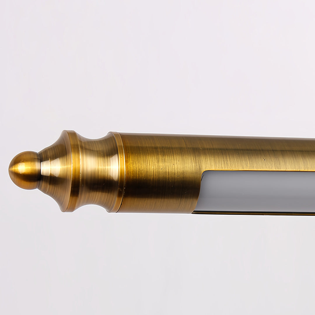 Side view of brass bathroom vanity light fixtures highlighting finial end cap and construction