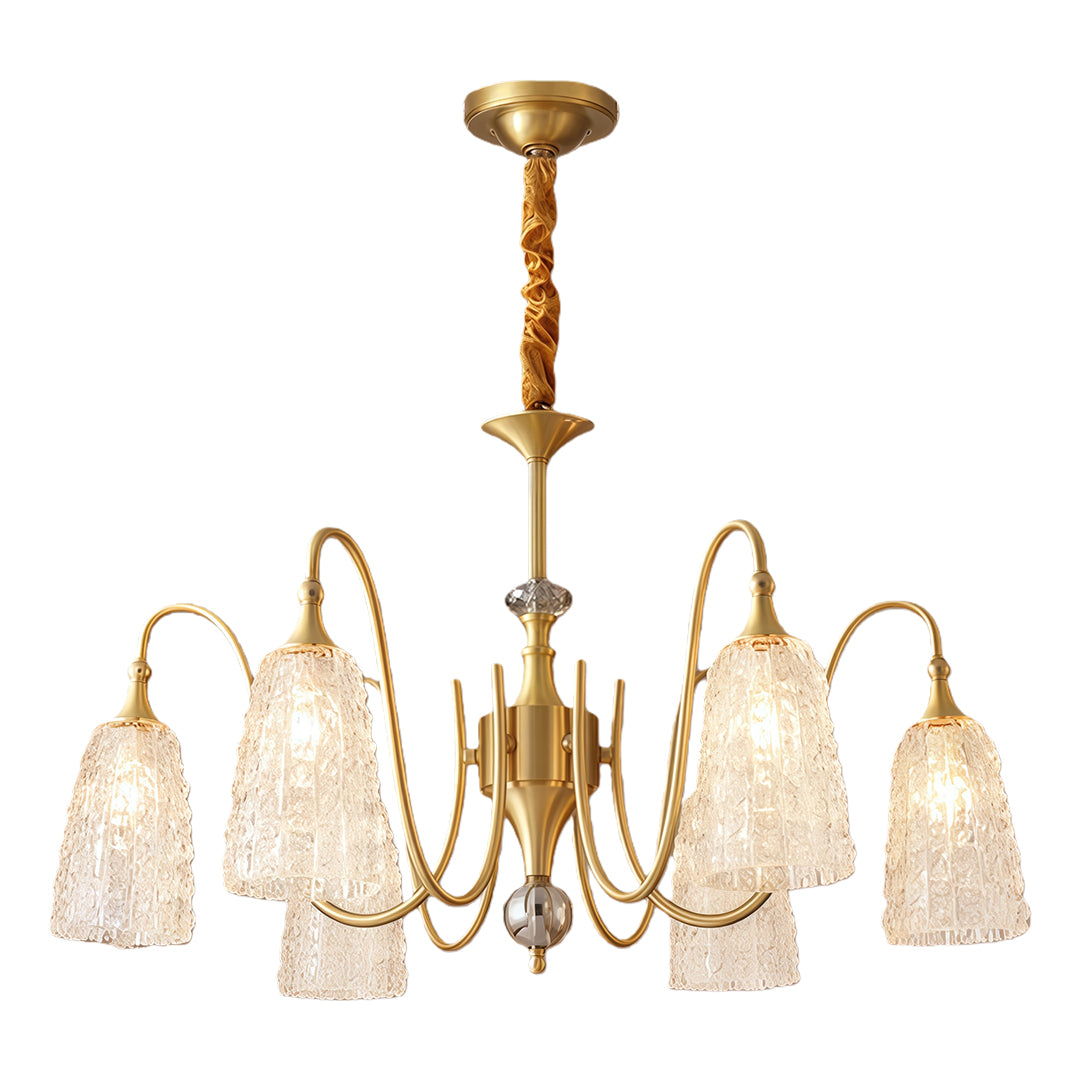 Brass vintage chandelier featuring multiple arms and crystal shades, adding a touch of luxury to any room.